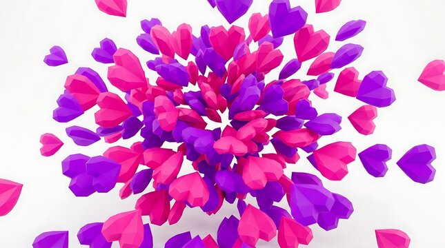 Pink and purple low poly hearts exploding on white background