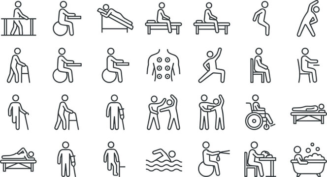 Physical therapy and rehabilitation outline icon set featuring patient exercises medical treatment mobility assistance and therapeutic recovery symbols