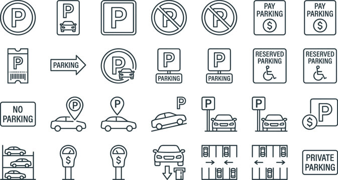Parking and traffic road sign outline icon set featuring payment symbols reserved spaces vehicle accessibility and urban infrastructure navigation