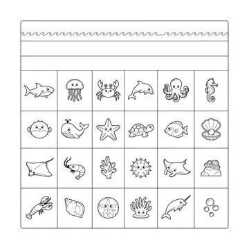 Black and white line drawing of various sea creatures for kids coloring book isolated on white background coloring book for children