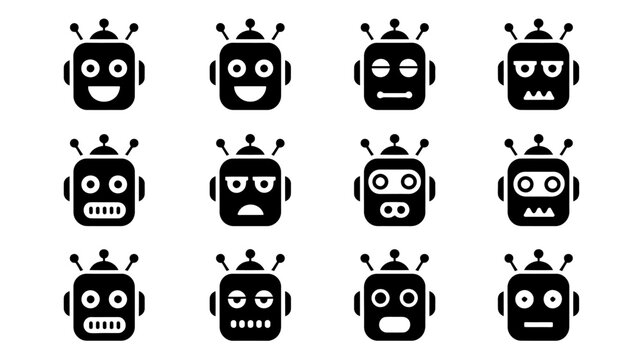 Set of twelve expressive robot faces with different emotions for design projects . Vector Flat Illustration.