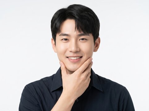 Handsome Young Asian Man Touching His Chin and Smiling Confident for Skincare Concept