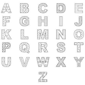 Decorative alphabet letters with various patterns on white background coloring book for children