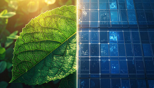 Harmony of Nature and Technology: A striking visual juxtaposition of a vibrant green leaf bathed in sunlight on one side, seamlessly merging with the sleek.