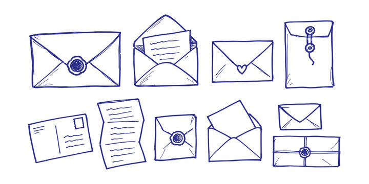 envelope and mail element letter message doodle icon set vector illustration