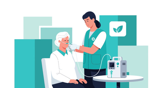 Nurse Attends Elderly Patient Receiving Oxygen Therapy from Portable Concentrator at Home