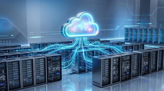 Futuristic cloud computing concept featuring a glowing cloud icon connected to multiple enterprise servers through high-speed digital data streams, representing cloud storage, distributed computing
