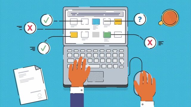 Hand Using Laptop Mouse to Navigate Complex Desktop Interface, Multi-Tasking and Computer Software Concept