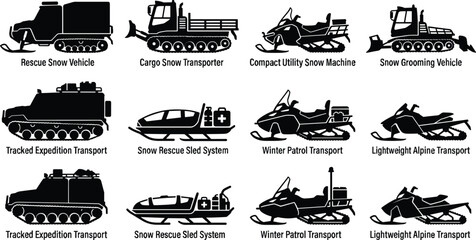 Obraz premium Winter Snow Vehicle Silhouette Icons Set Featuring Tracked Rescue Transport and Snowmobile Equipment