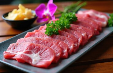 Fototapeta premium Thinly sliced raw beef plate ready for cooking. Garnished with parsley and a pink orchid flower. Served with ginger slices on side. Delicious meal for dinner.