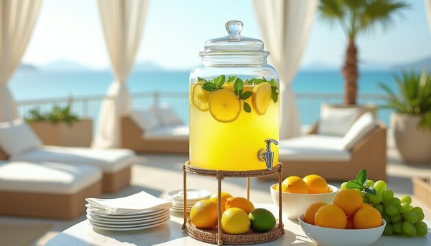 Large glass beverage dispenser filled with yellow citrus drink mint, lemon slices sits on table with fruit near luxury poolside lounge chairs overlooking ocean. Refreshing drink prepares for party