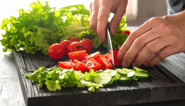 Hands preparing a fresh, healthy salad with vibrant tomatoes, crisp cucumber, and leafy greens on a cutting board