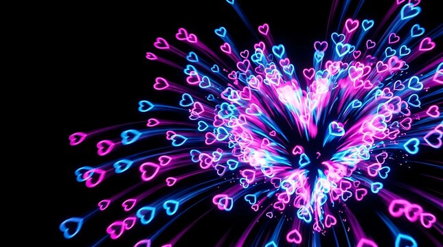Glowing pink and blue hearts in a vibrant energy explosion