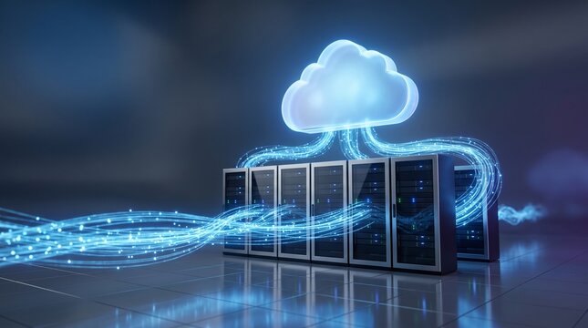 Cloud Computing Infrastructure with Secure Data Flow and Server Network illustrating cloud storage, data transfer, scalable infrastructure, networking, cybersecurity, and digital transformation