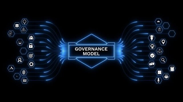 Governance model with digital policy management, compliance framework, regulatory control, corporate governance, risk management, and business technology.