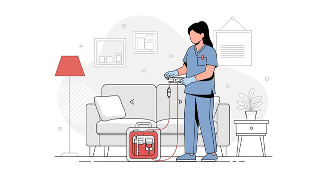 Nurse Administering IV Drip in Home Setting for Patient Recovery