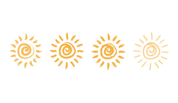 Hand Drawn Textured Spiral Sun Icons Set for Summer Design