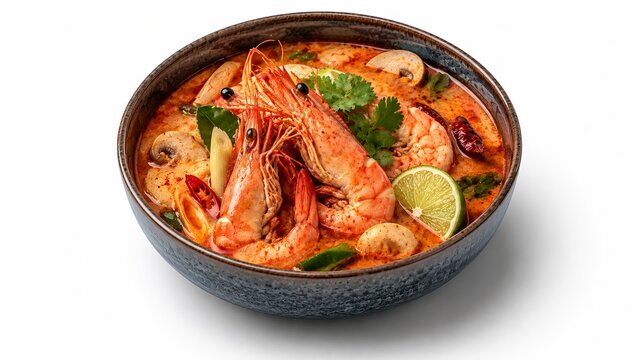 Gourmet Tom Yum soup isolated isometric 3D illustration, premium Thai spicy seafood bowl render for modern menu design