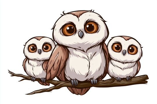 A cartoon family of owls sits on a branch. The mama owl and two baby owlets show a fun and cute interaction in a warm color mix.
