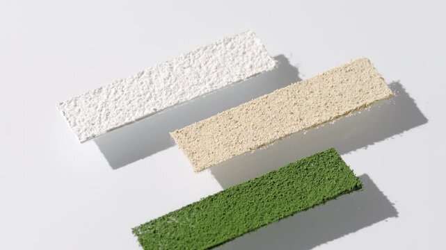 Vertical crane shot of green, beige and white powder sifted through a three stripe stencil on a transparent surface casting shadow on a light grey background