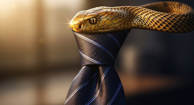Golden snake resting on a professional necktie as a corporate metaphor