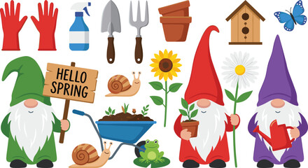 Cute cartoon garden gnomes and spring gardening vector collection featuring three gnomes, wheelbarrow, flowers, birdhouse, tools, snails, and frog isolated on white background. © Mifta