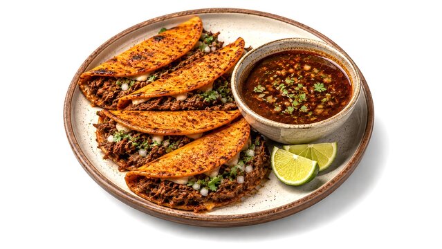 Crispy birria tacos with consomme dip isolated isometric 3D illustration, premium luxury Mexican food presentation render