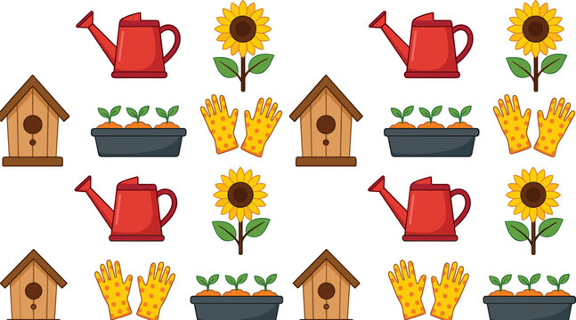 Flat cartoon gardening elements vector pattern featuring red watering cans, sunflowers, birdhouses, seedling planter boxes, and polka dot gloves isolated on white.