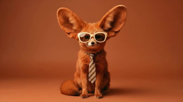 Fennec Fox Wearing Sunglasses and Necktie Sitting on Orange Studio Background