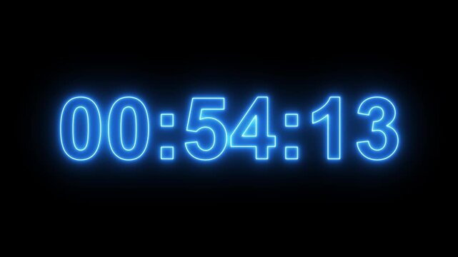 Neon line 60 minute or 1 hour countdown timer animation on black background. Digital Countdown timer one minute animation from 60 to 0 seconds on transparent background. 1 hours countdown timer. 