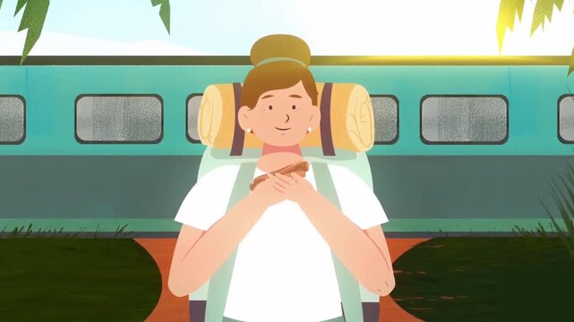 Animated Female Backpacker Sitting and Eating near a Train at the Station, Travel and Transit Concept