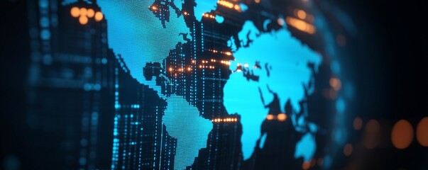 Obraz premium A digital, glowing world map on a dark screensurface. It features cyanblue continents made of dotspixels and orangegold data points or lights. The perspective is angled (side view),