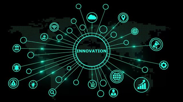 Green neon glowing innovation network connection concept with digital technology icons and world map background for futuristic creative ideas and global tech development
