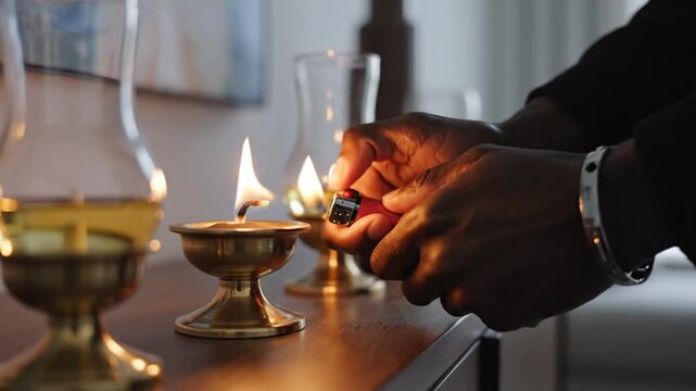 Person using lighter to ignite small oil lamp
