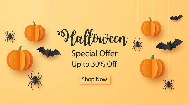 Halloween special offer sale banner with pumpkins spiders and bats, halloween