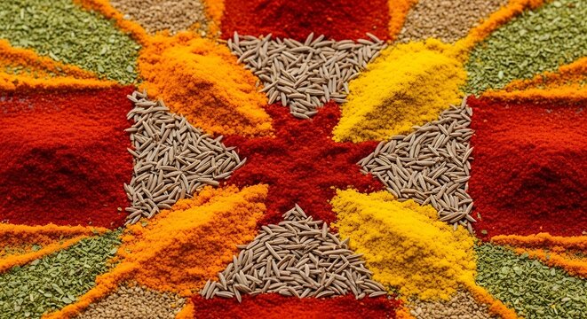 Colorful patterns of organic spices arranged in a mandala art design