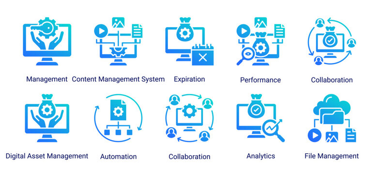 Asset Management icon set featuring governance,automation,collaboration,and file management for efficient digital asset operations.