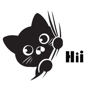 Black cat face, cartoon feline, whiskers, hii greeting, vector icon