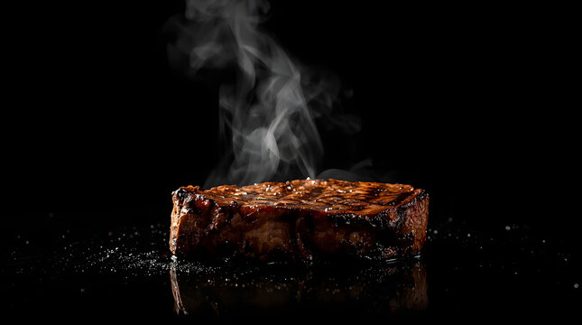 Perfectly Grilled Steak with Smoke: A mouthwatering, perfectly grilled steak rests on a dark surface, emitting a tantalizing plume of steam, showcasing its juicy and flavorful perfection.