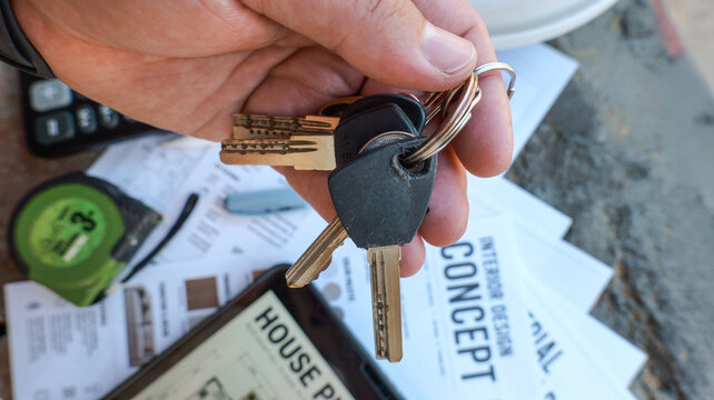 Hand holding a bunch of keys with design documents and tools in the background