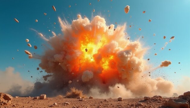 Powerful explosion erupts in desert terrain. Dust cloud billows against bright blue sky. Rocks scatter from intense impact force. Dramatic scene conveys destruction power action.
