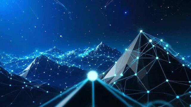 Abstract digital landscape with glowing blue geometric mountain peaks