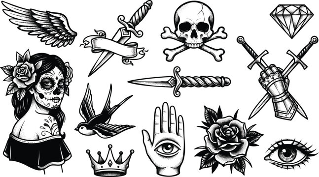 A vibrant tattoo design featuring a sugar skull woman with wings sword skull daggers roses and jewels.