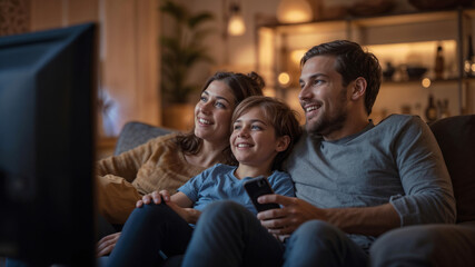 Fototapeta premium Family with child relaxing on couch watching TV together in the evening