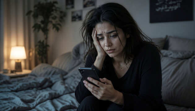 Woman sits bed, holding phone, head in hand. Her face shows distress, eyes downcast, brows furrowed. Room dimly lit by bedside lamp. She appears anxious or overwhelmed by phone content