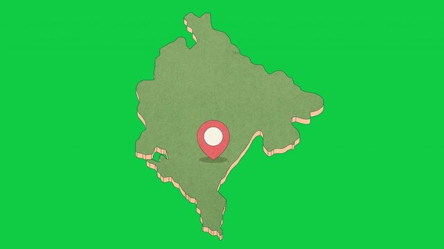 Animated Montenegro Map with Bouncing Location Marker on Podgorica City, Transparent Background, Alpha Channel, 4K resolution