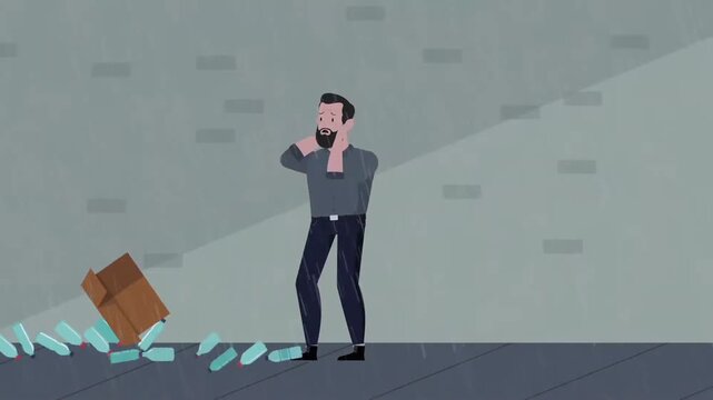 Animated Frustrated Man Making a Phone Call Next to a Damaged Delivery Box, Customer Service Issue Concept