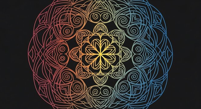 Colorful circular mandala pattern with intricate geometric lines on black