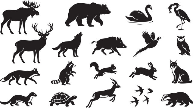 Various animals are depicted in silhouette against a white background including deer and swans.