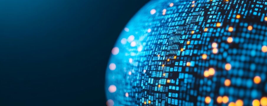 Image A curved, spherical surface (likely representing a globeEarth) covered in digital data, glowing blue code and bright orangeyellow bokeh light spots. The left side is a dark,